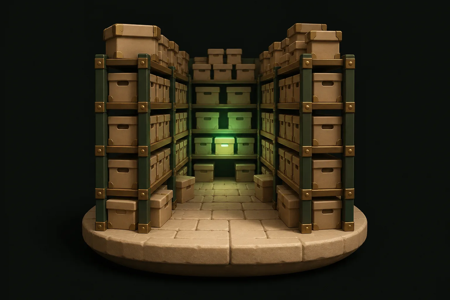 Down the aisle of the archive room, one box glowing green