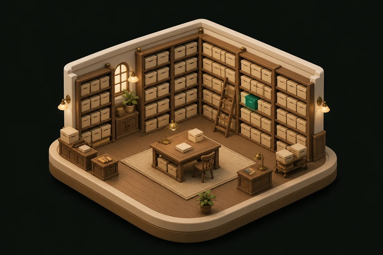 The archive room at rest, the glowing box on its shelf