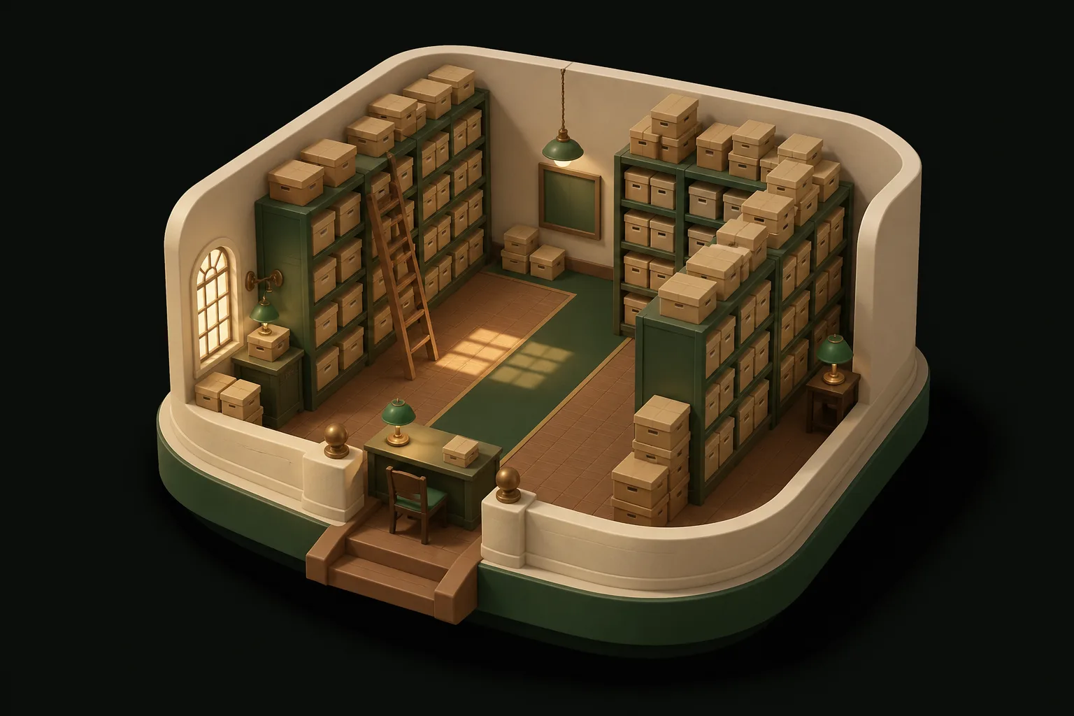 The archive room: shelves of banker boxes around a central aisle