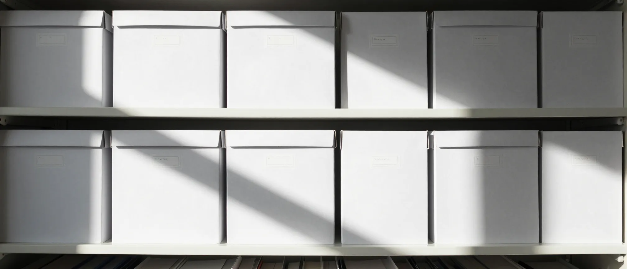 Two shelves of plain archive boxes in hard window light
