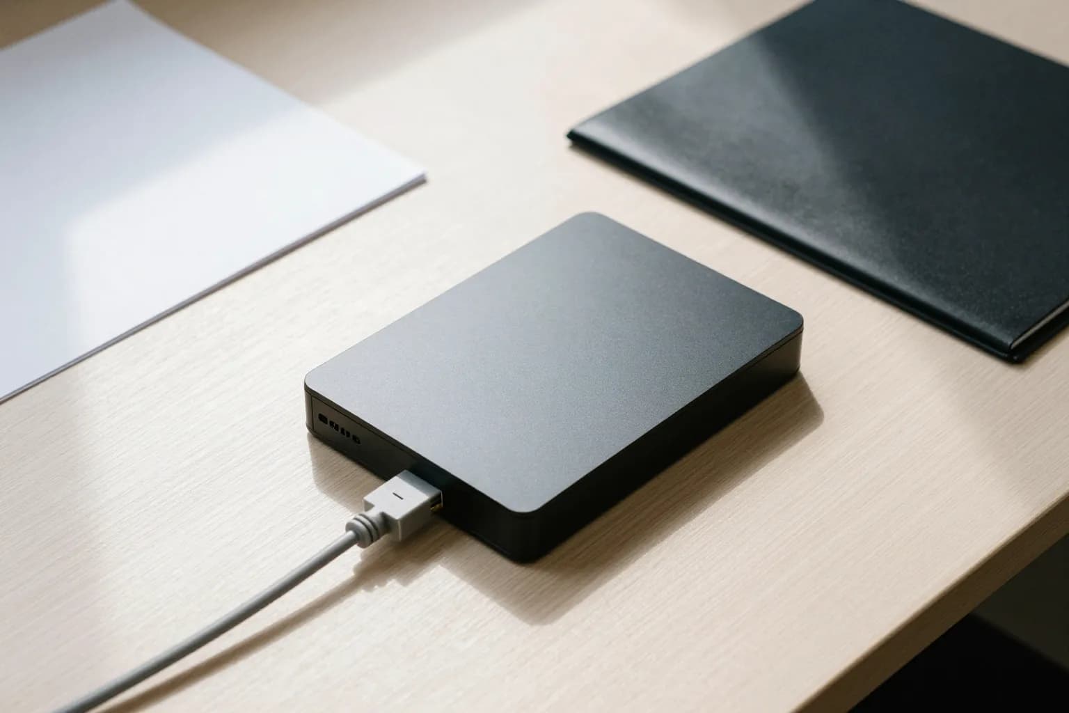 A small plain black computer on a desk, one network cable plugged in, a folder and a sheet of paper beside it